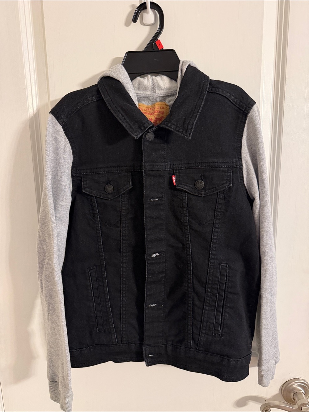 Levi's Black Denim Jacket with Light Gray Sleeves & Hood